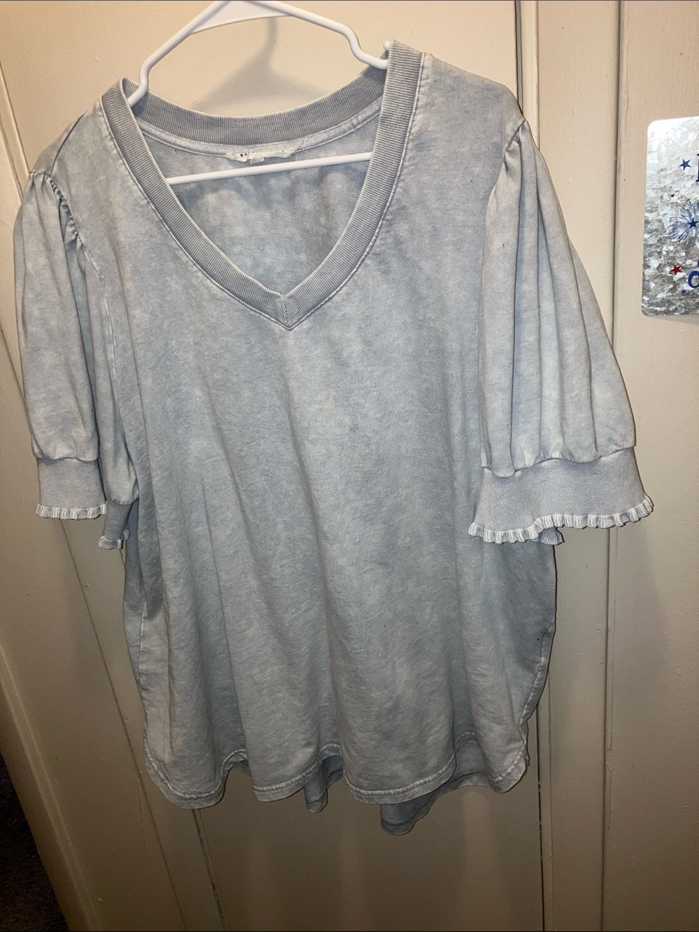 Jane and Delancey Light Bluish Gray Washed V-Neck Ruffle Sleeve Top 2X